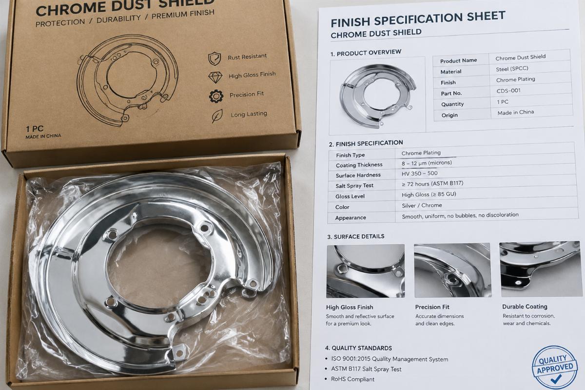 Detailed view of chrome dust shield packaging and finish specification sheet