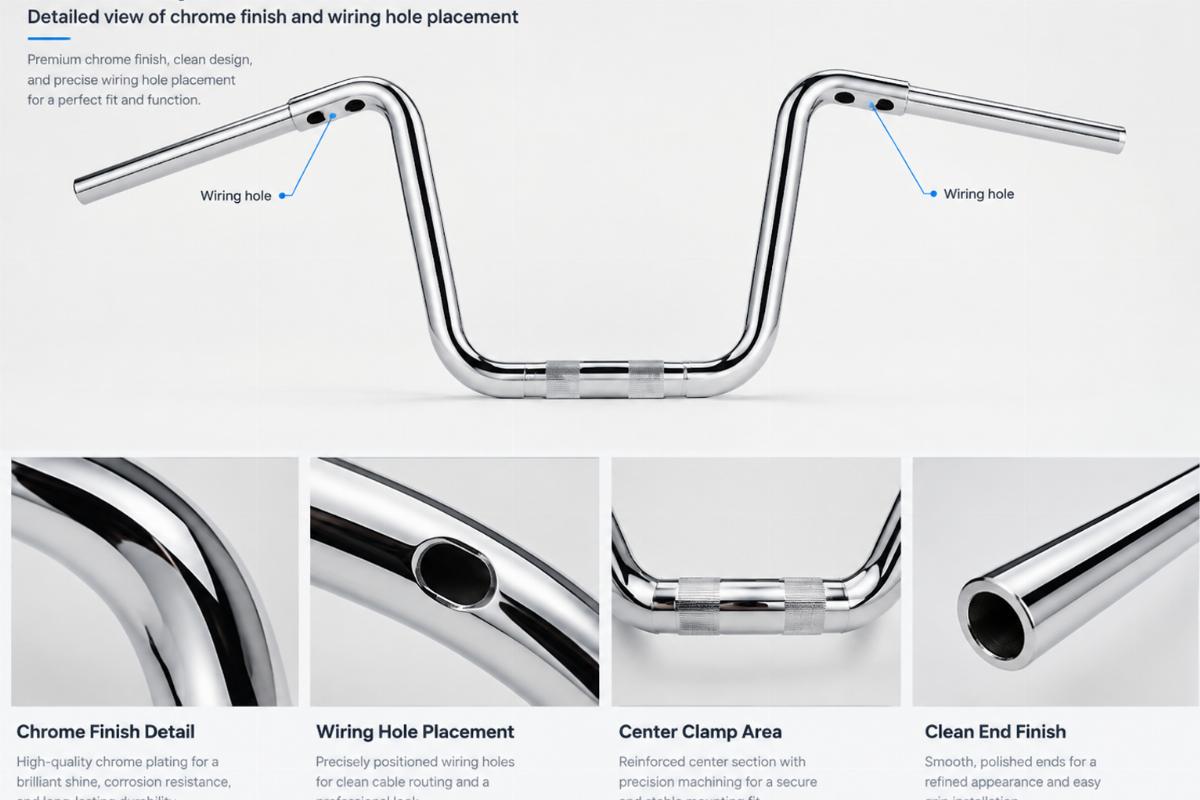 Detailed view of chrome finish and wiring hole placement on custom ape handlebars