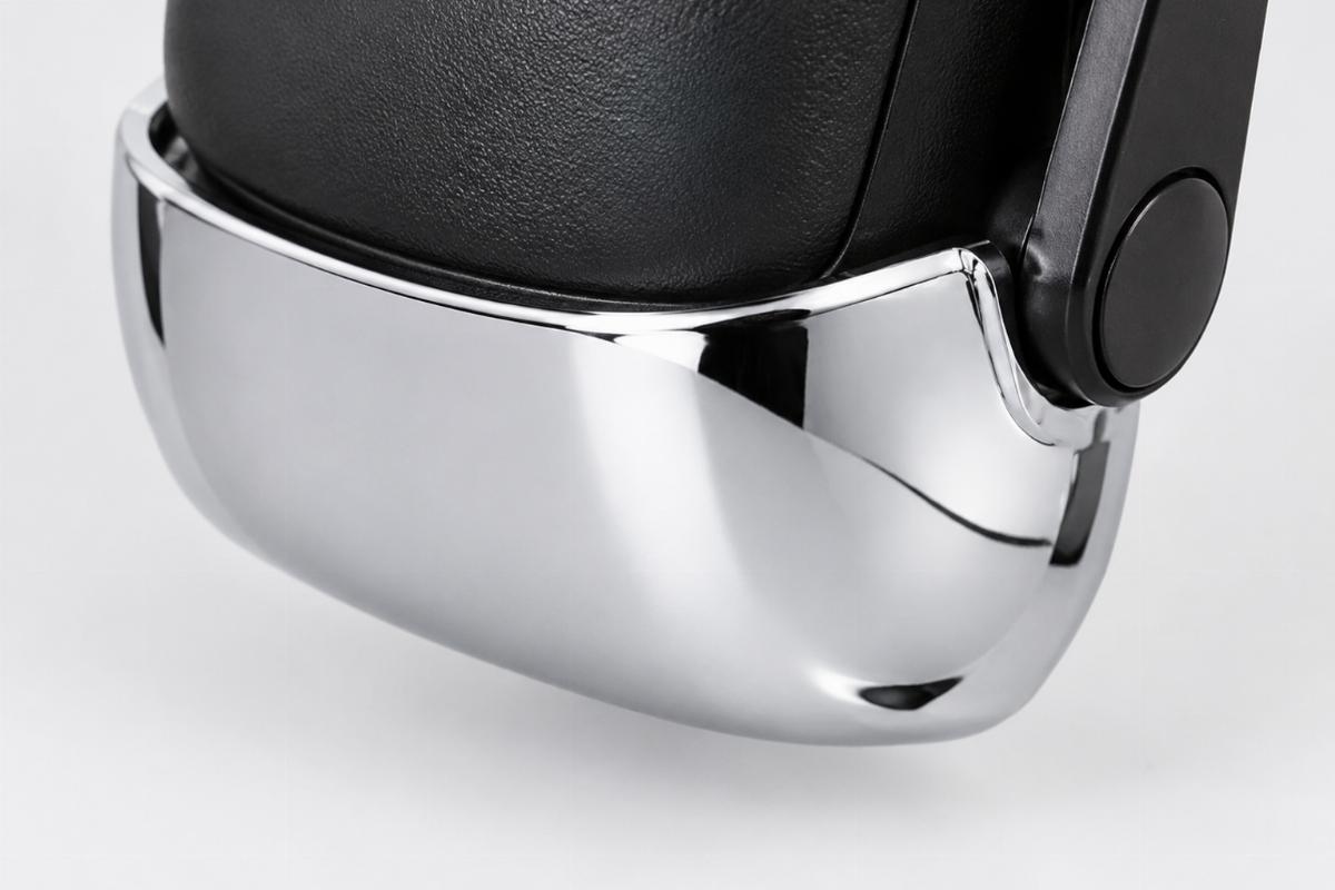 Detailed view of chrome finish on lower dust shield for head cup protection