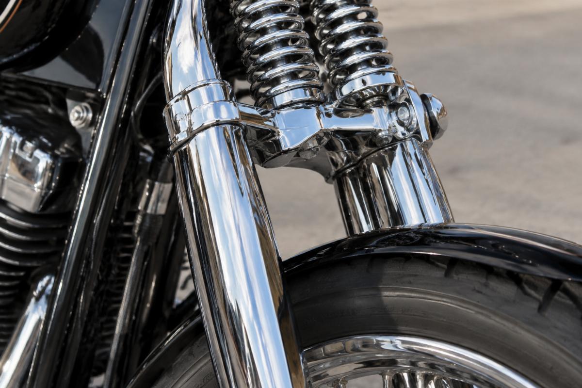 Detailed view of chrome finish on springer fork leg