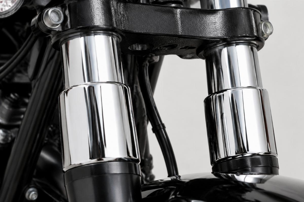 Detailed view of chrome finish on triple tree dust shields