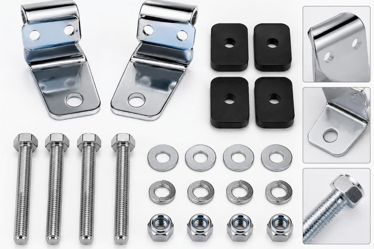 Detailed view of chrome fork cover mount kit hardware