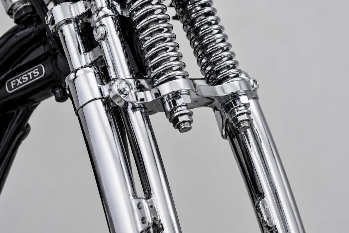 Detailed view of chrome fork legs and spring hardware for FXSTS inline spring fork