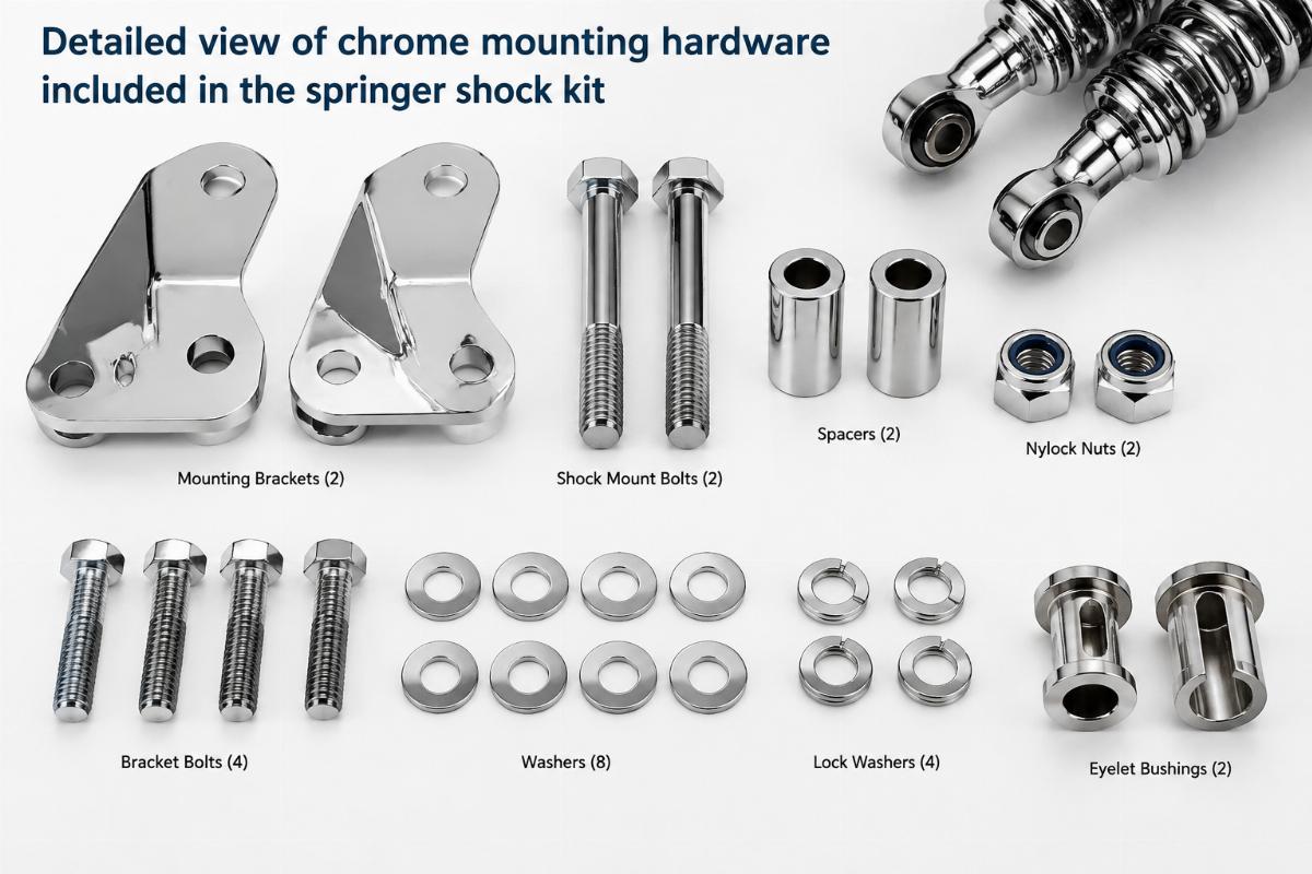 Detailed view of chrome mounting hardware included in the springer shock kit