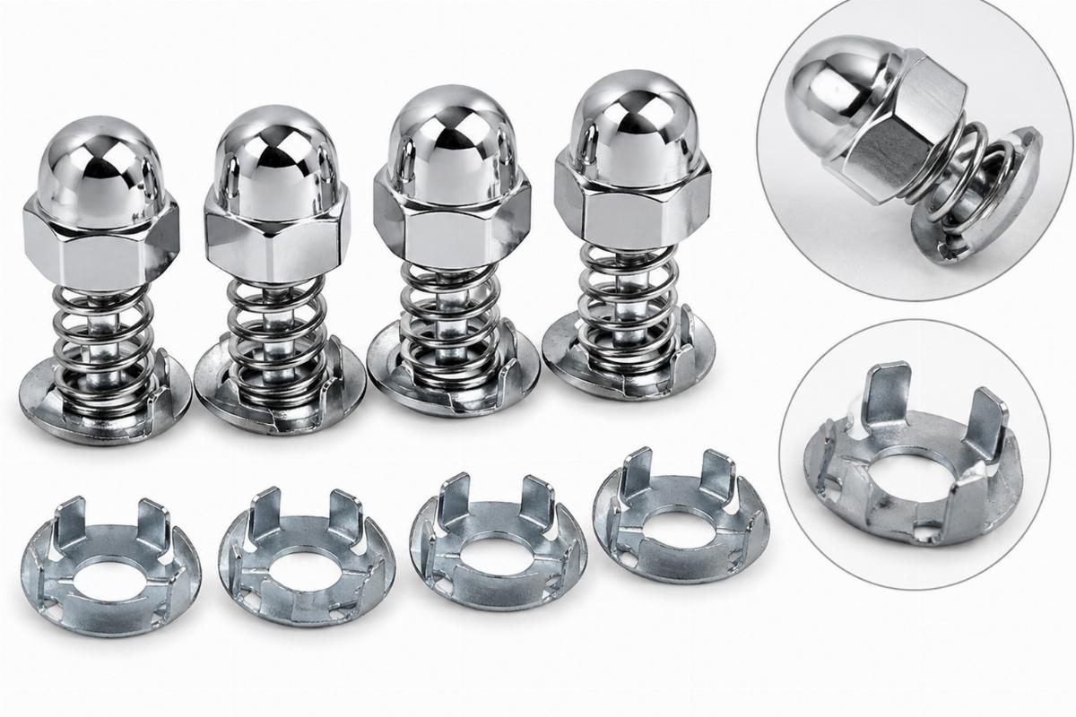 Detailed view of chrome plated acorn spring nuts and retainers included in the kit