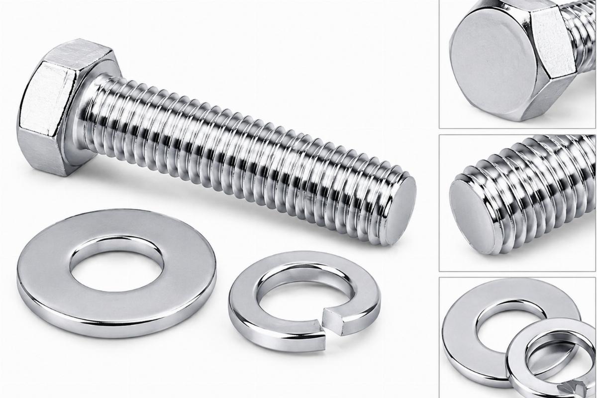 Detailed view of chrome plated hex style bolt and washer set