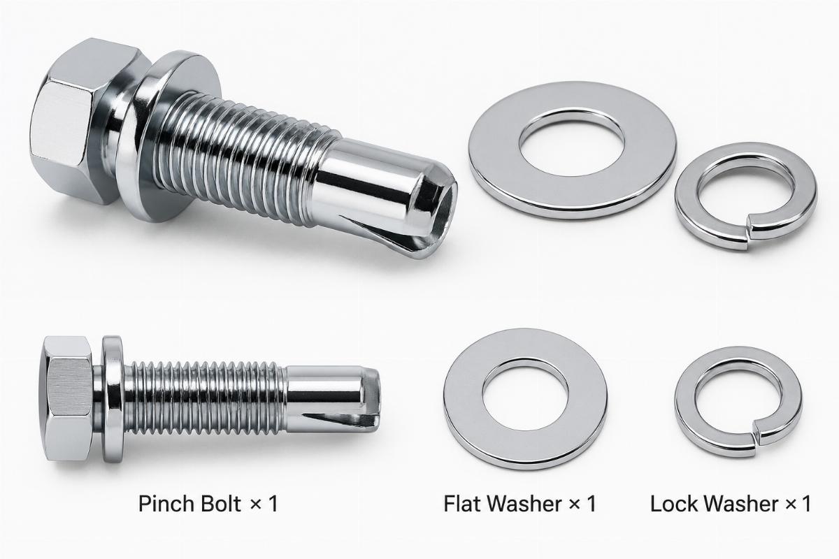 Detailed view of chrome plated pinch bolt and washer set contents