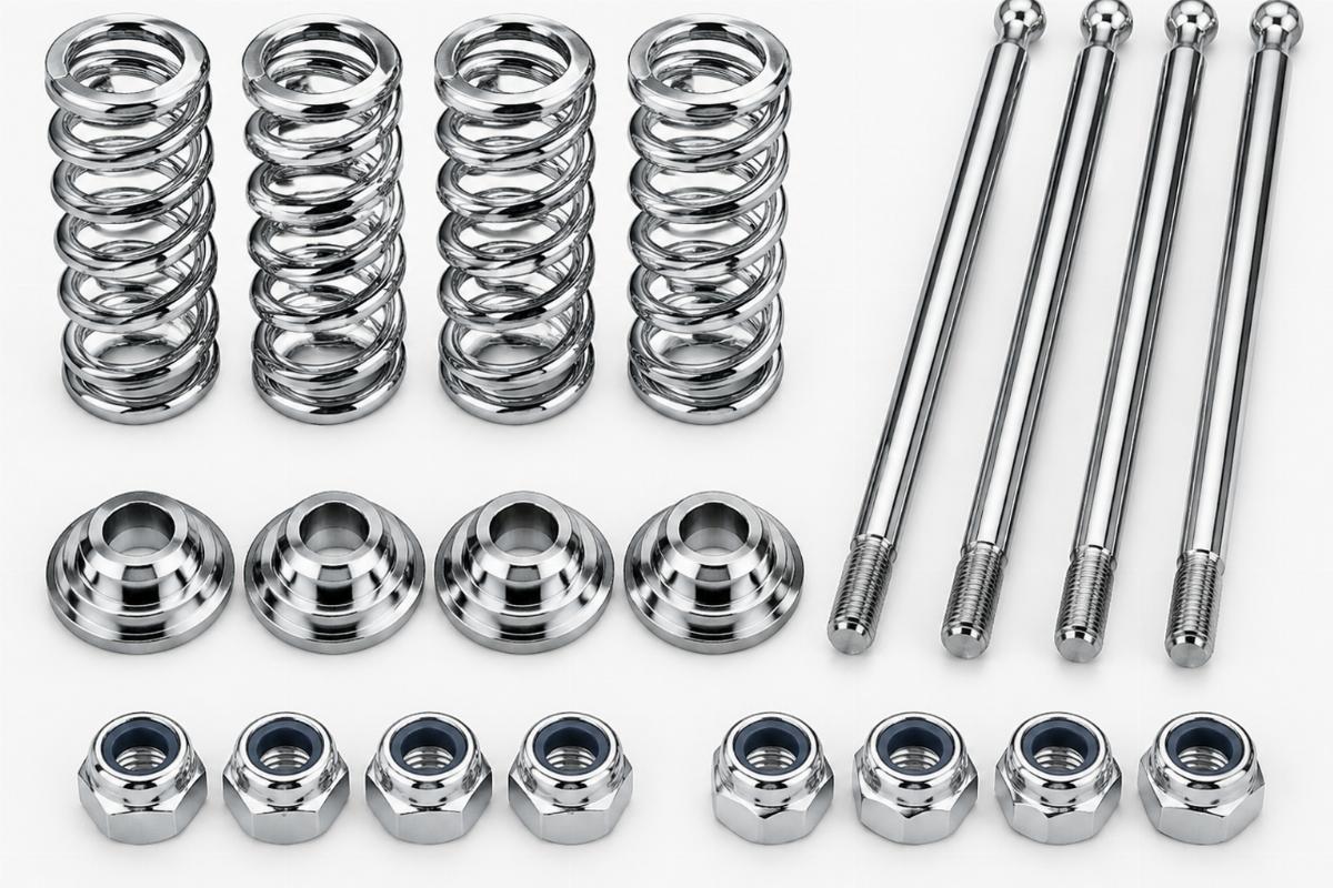 Detailed view of chrome plated springs, rods, seats and nuts included in the kit
