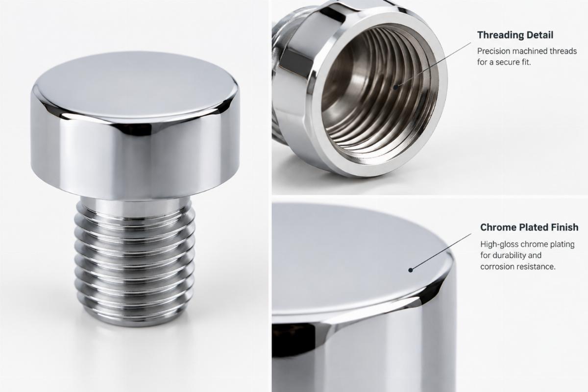 Detailed view of chrome plated stem bolt cap threading and finish
