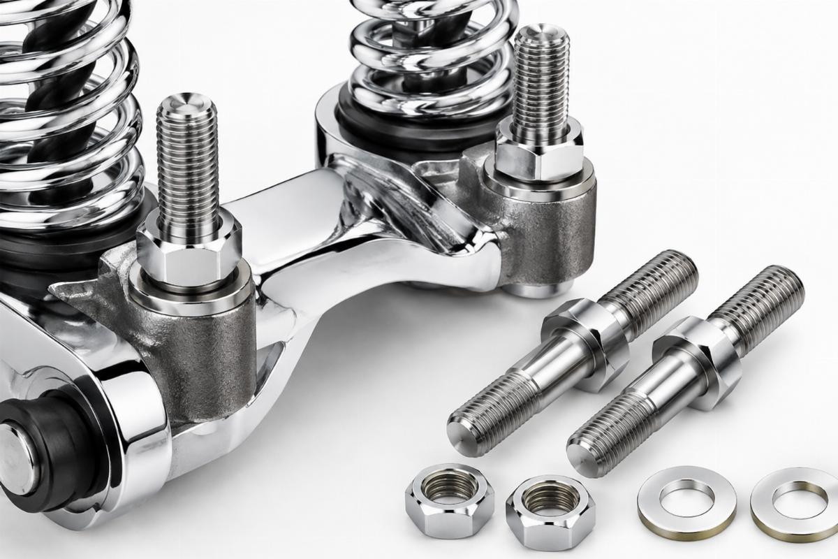 Detailed view of chrome spring fork rocker kit mounting studs