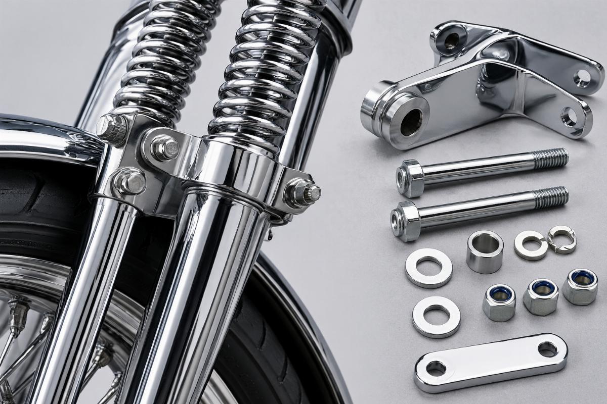 Detailed view of chrome spring fork shock mounting hardware
