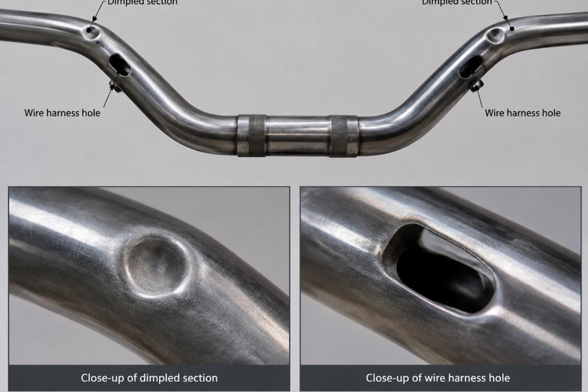 Detailed view of dimpled sections and wire harness holes on steel handlebars