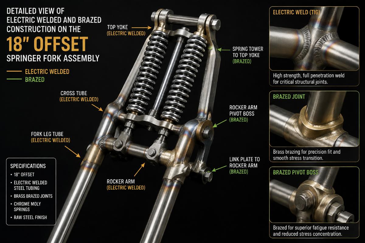 Detailed view of electric welded and brazed construction on the 18" offset springer fork assembly