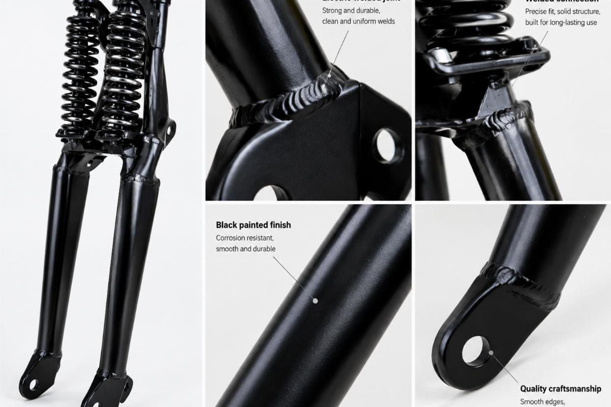 Detailed view of electric welded joints and painted black finish on springer legs