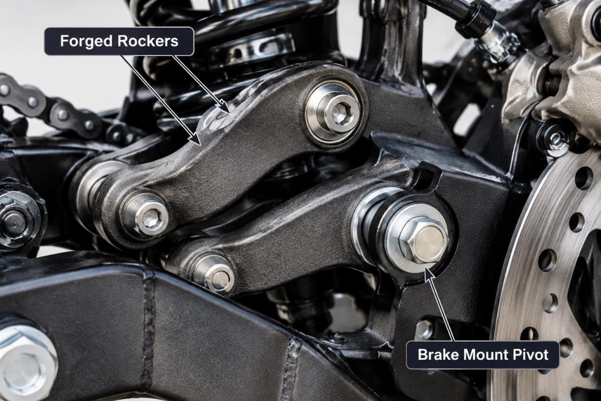 Detailed view of forged rockers and brake mount pivot