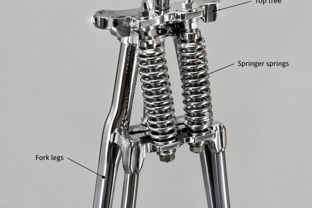 Detailed view of fork legs and top tree on narrow springer fork assembly