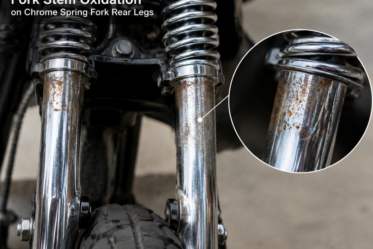 Detailed view of fork stem oxidation on chrome spring fork rear legs