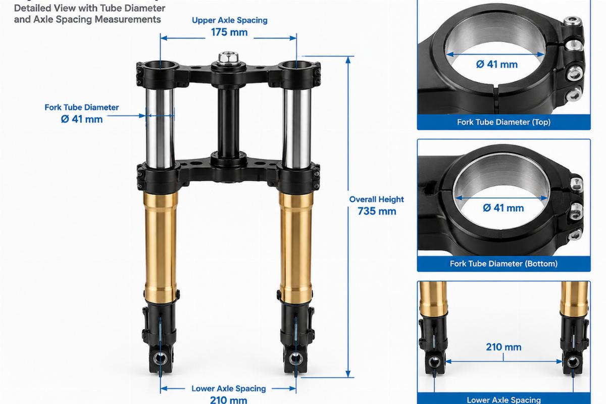 Detailed view of hydraulic fork triple trees showing tube diameter and axle spacing measurements