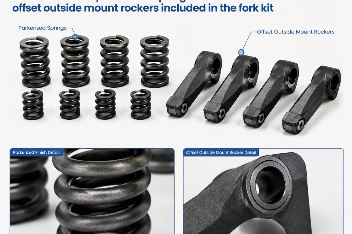 Detailed view of parkerized springs and offset outside mount rockers included in the fork kit