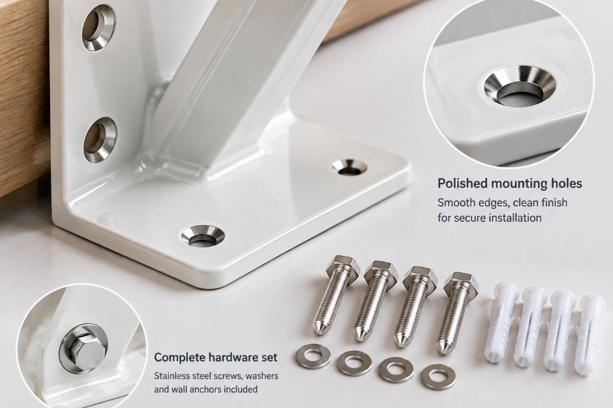 Detailed view of polished bracket mounting holes and hardware