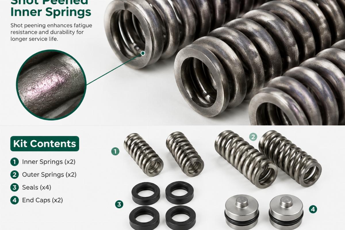 Detailed view of shot peened inner springs and kit contents