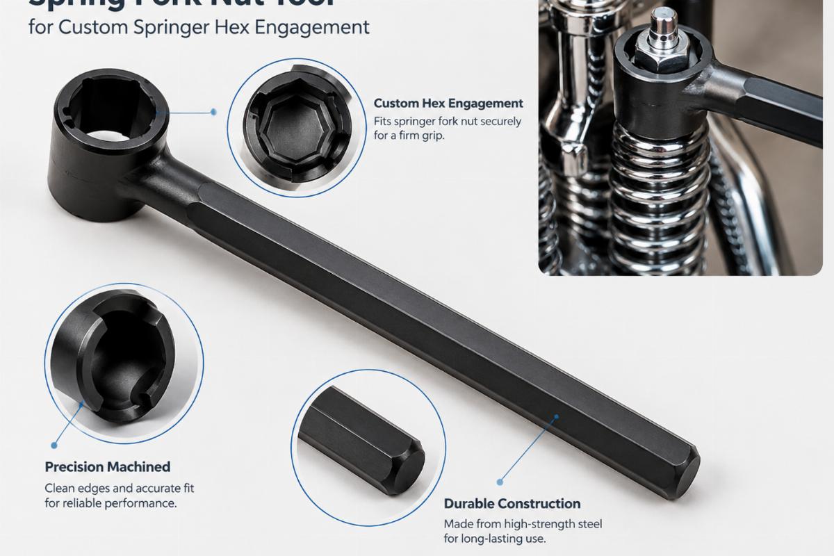 Detailed view of spring fork nut tool for custom springer hex engagement