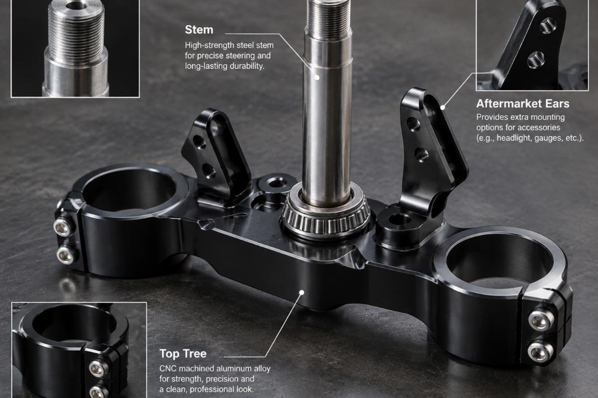 Detailed view of spring fork top tree motorcycle aftermarket ears and stem