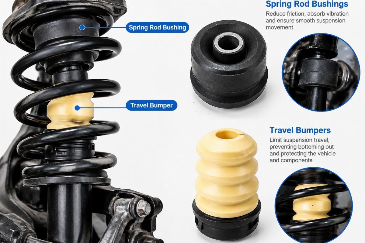 Detailed view of spring rod bushings and travel bumpers