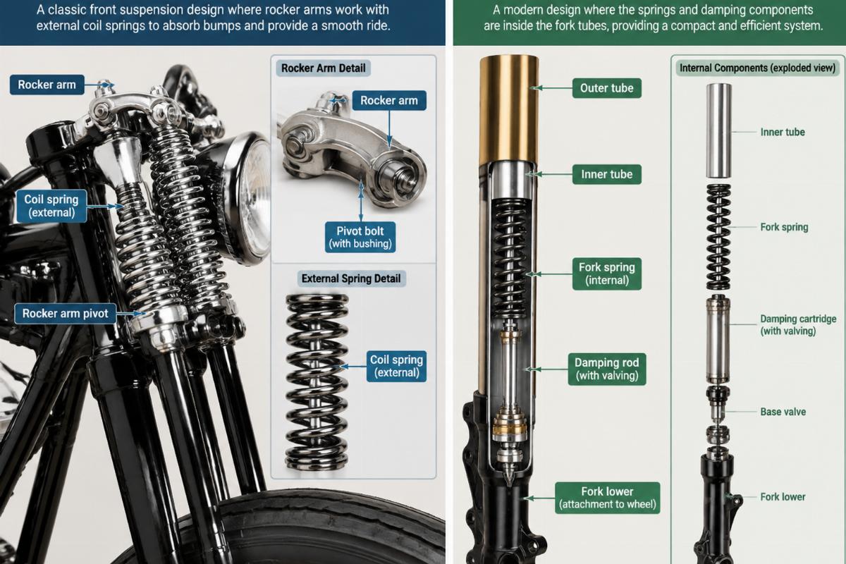 Detailed view of springer rocker arms and external springs versus internal telescopic fork components