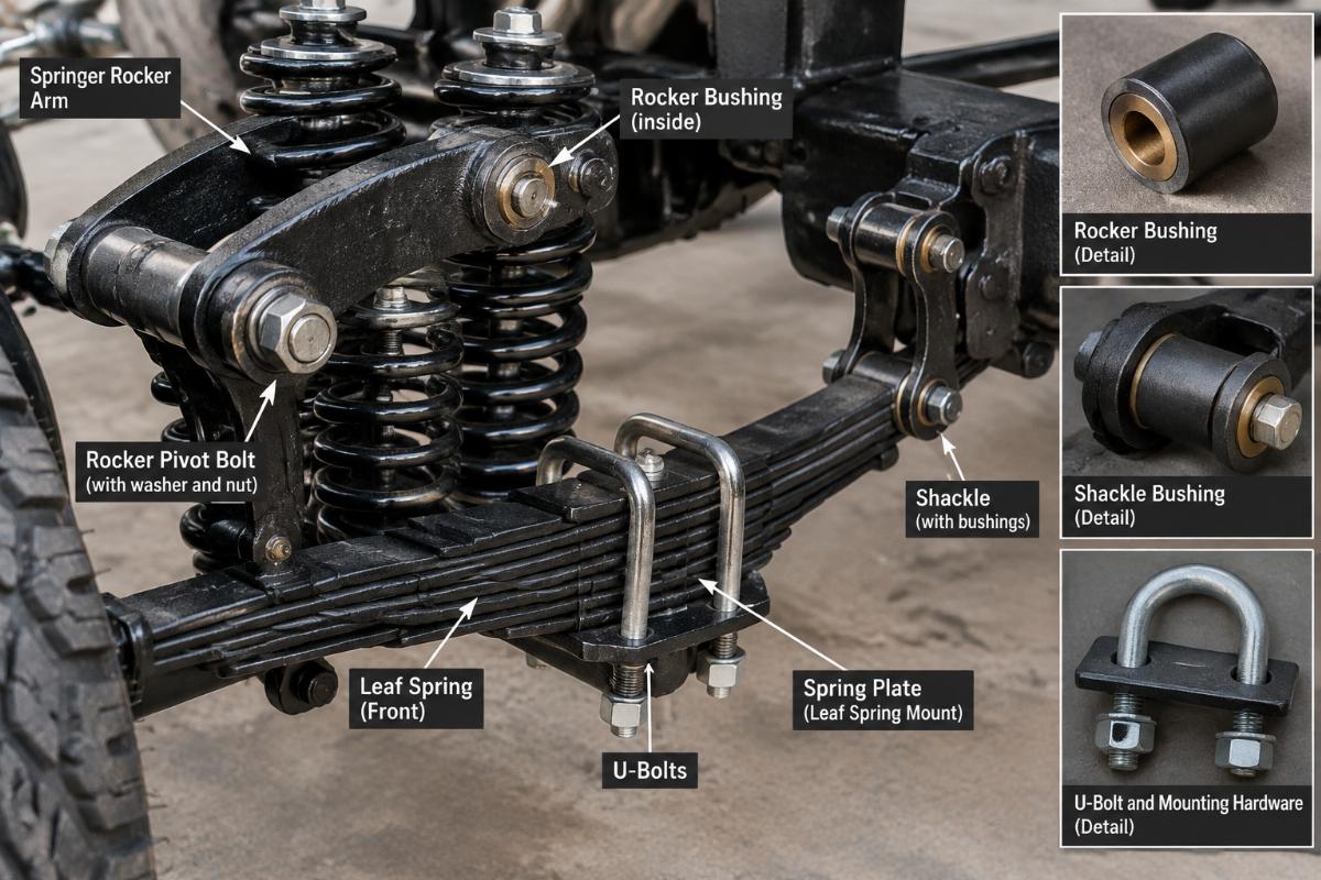 Detailed view of springer rocker bushings and leaf spring mounting hardware