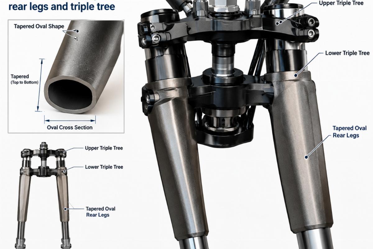 Detailed view of tapered oval rear legs and triple tree