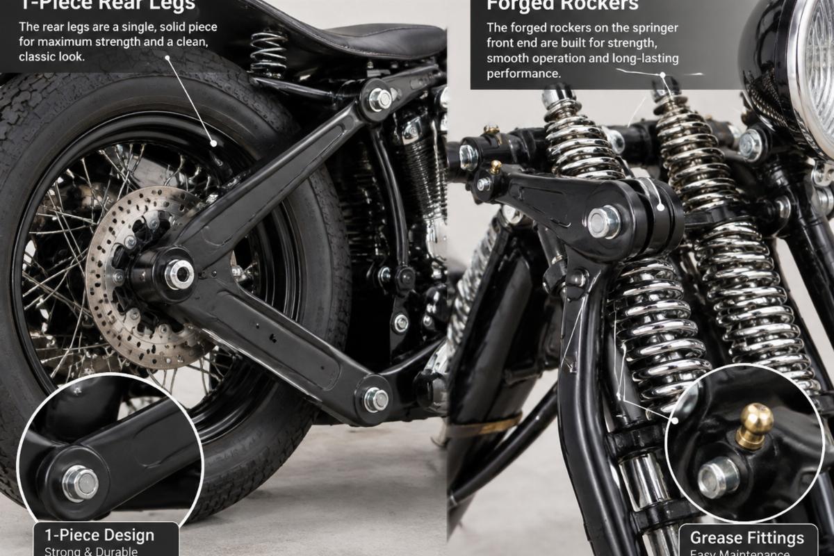 Detailed view of the 1-piece rear legs and forged rockers with grease fittings on the springer front end