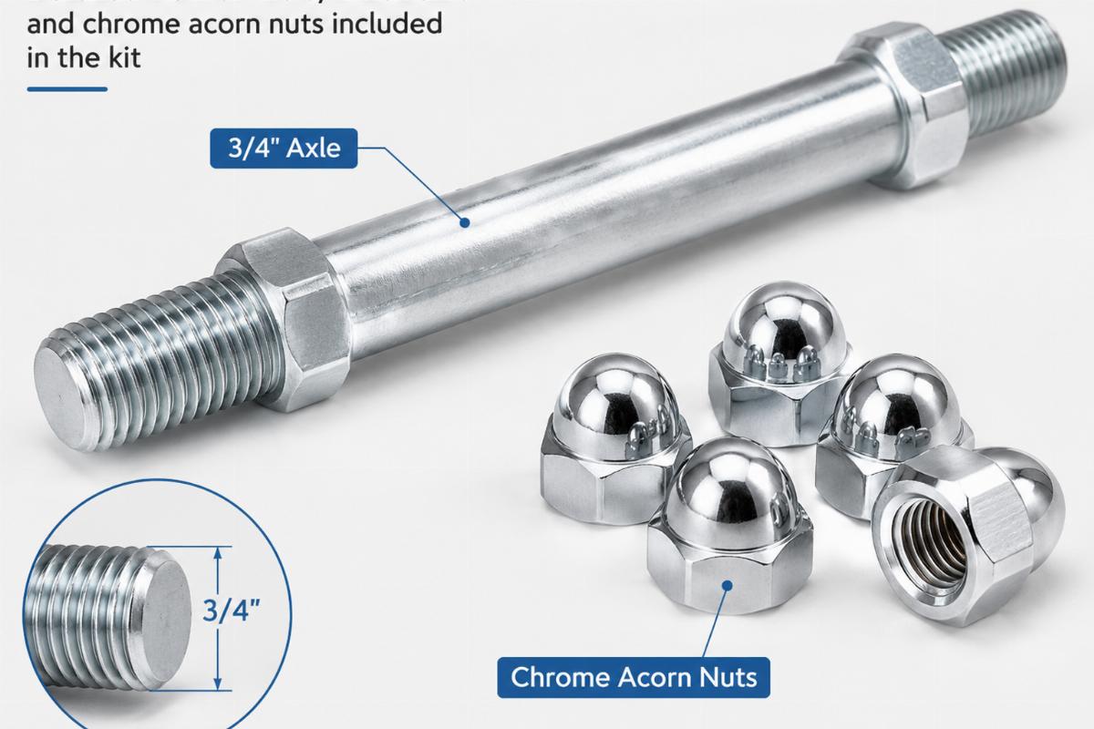 Detailed view of the 3/4 inch axle and chrome acorn nuts included in the kit