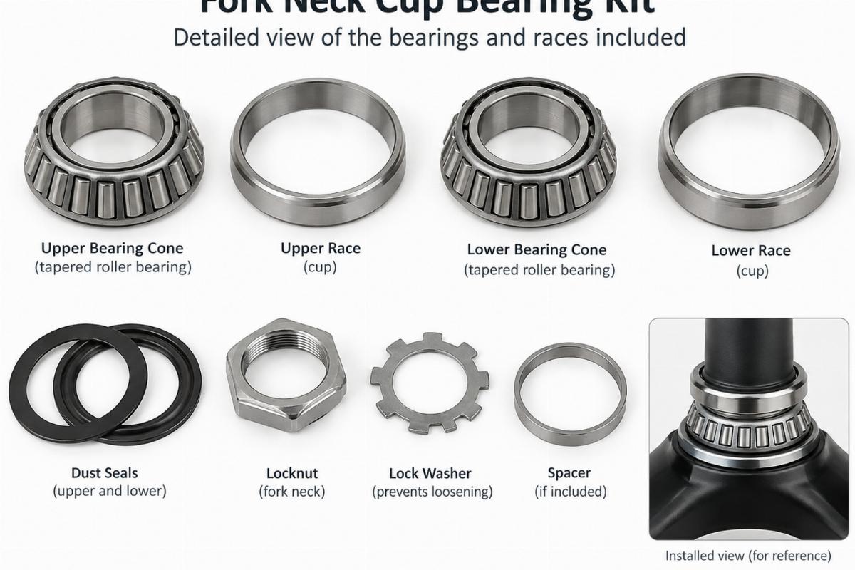 Detailed view of the bearings and races included in the fork neck cup bearing kit