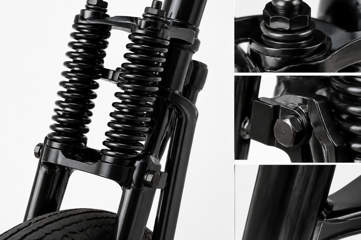 Detailed view of the black finish on the retro spring fork shock assembly and brackets