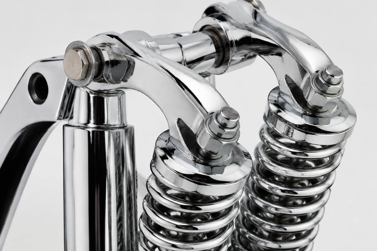 Detailed view of the chrome finish on the springer fork rocker kit