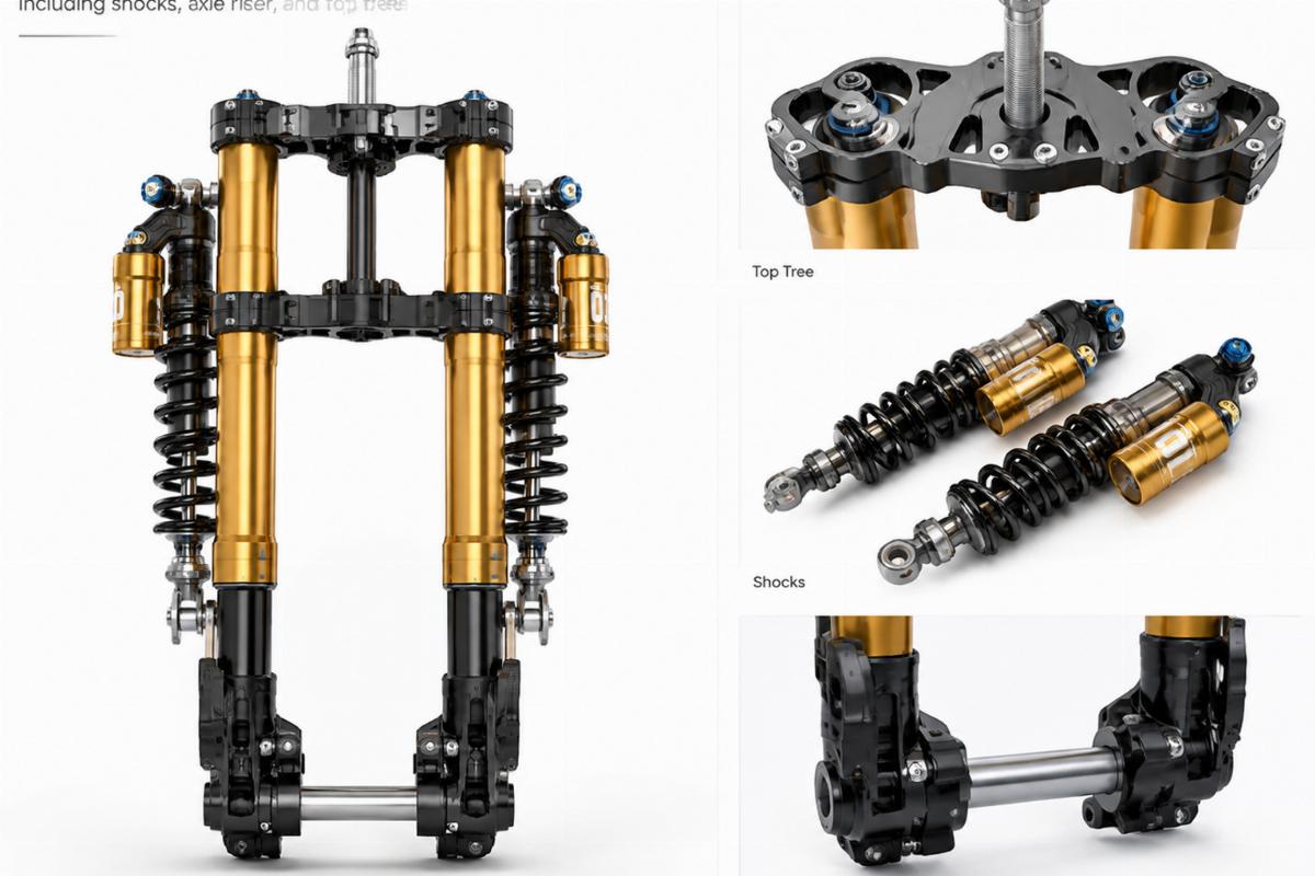 Detailed view of the fully assembled kit including shocks, axle riser, and top tree