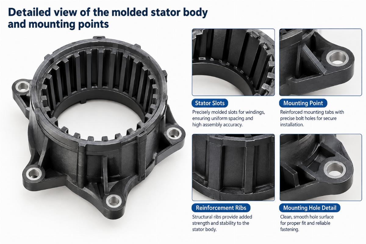 Detailed view of the molded stator body and mounting points
