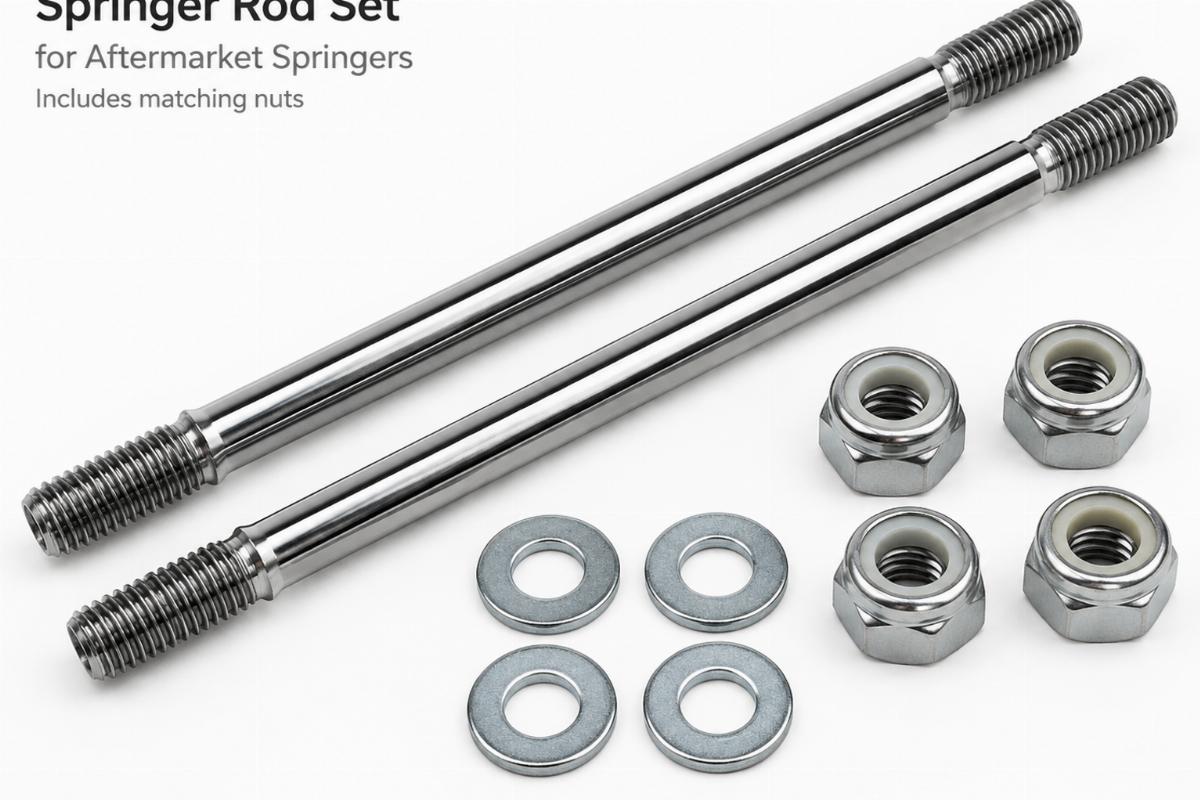 Detailed view of the springer rod set for aftermarket springers including matching nuts
