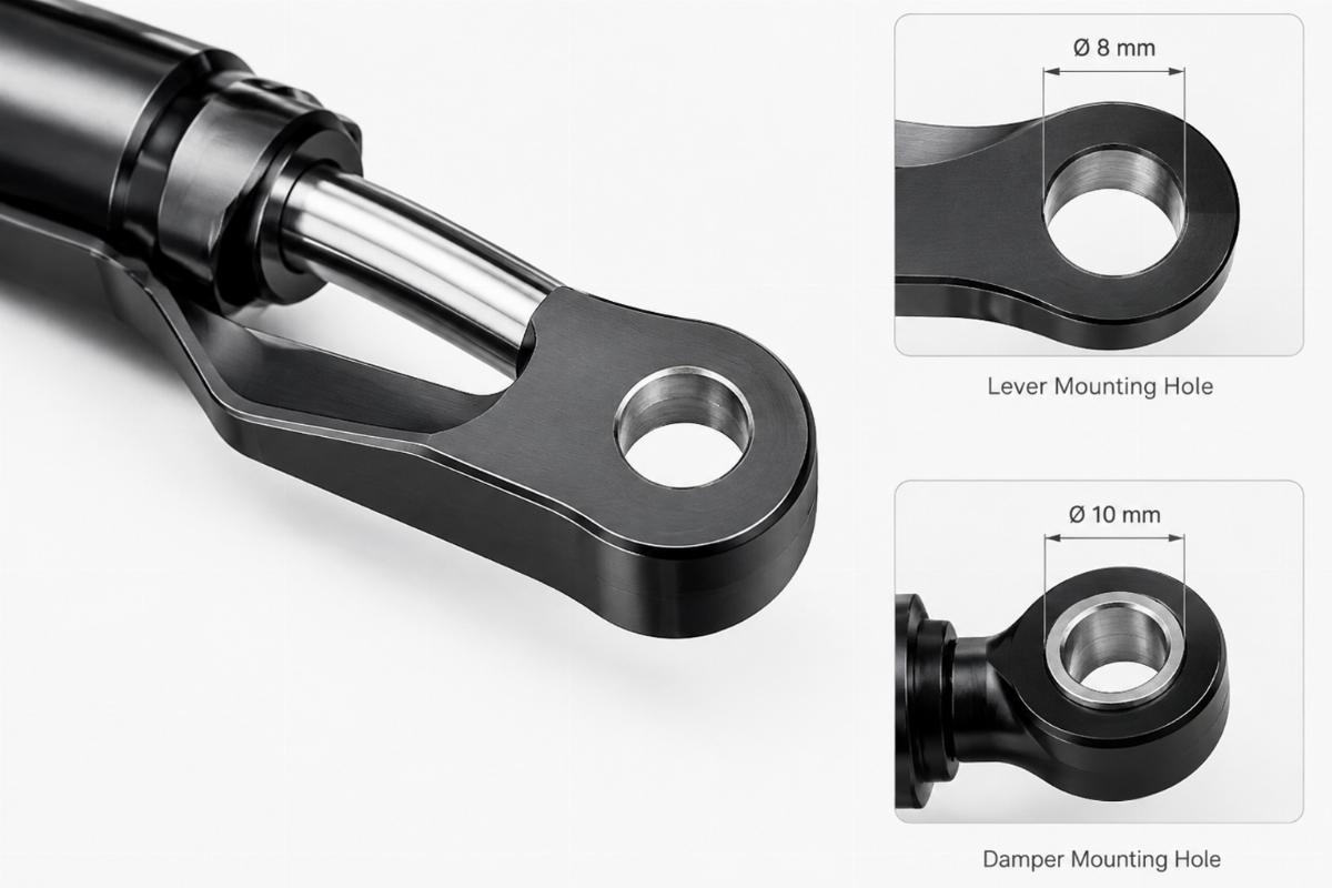 Detailed view of the steel steering damper lever mounting holes