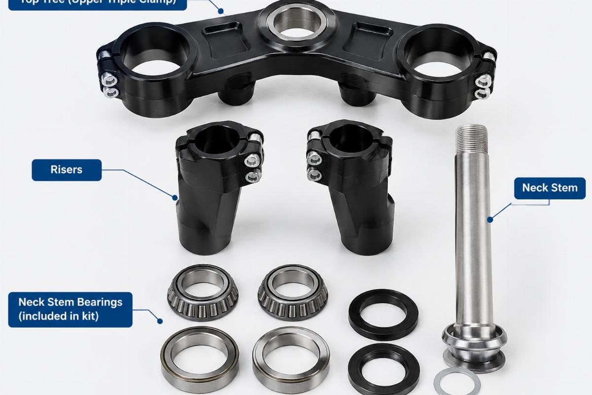 Detailed view of the top tree, risers, and neck stem bearings included in the kit