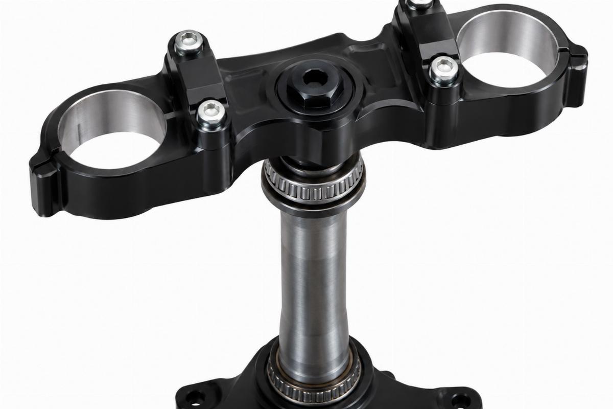 Detailed view of the top triple tree and neck stem included in the kit
