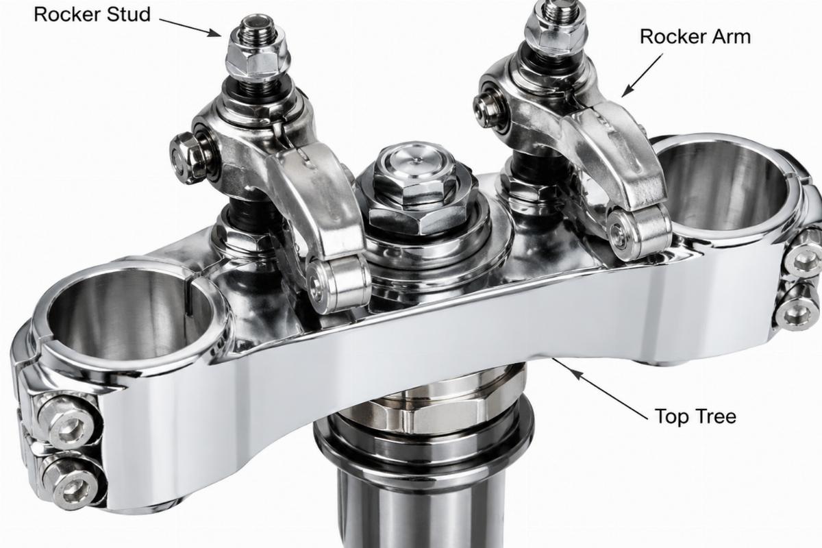 Detailed view of top tree and rocker stud assembly with chrome finish