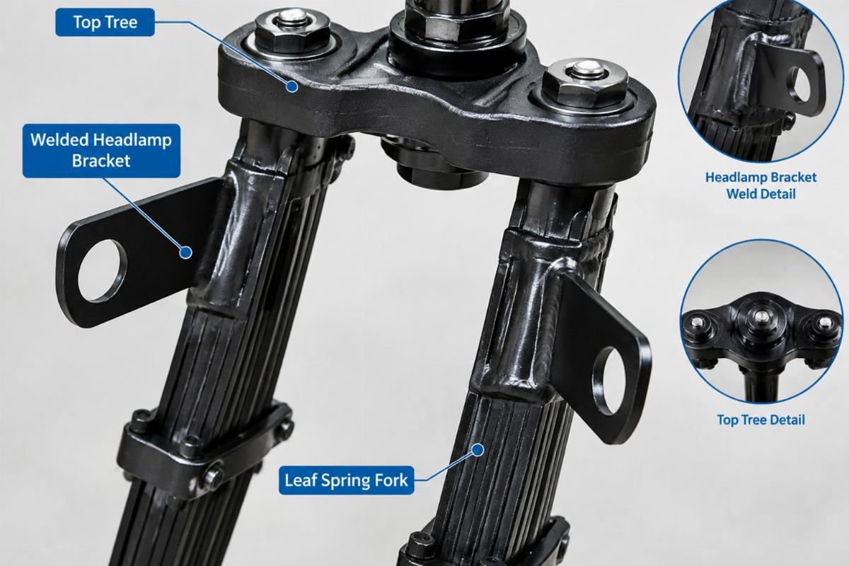 Detailed view of top tree and welded headlamp brackets on leaf spring fork