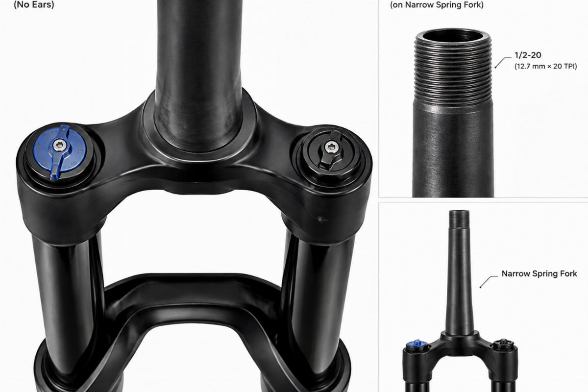 Detailed view of top tree without ears and 1/2-20 leg threads on narrow spring fork