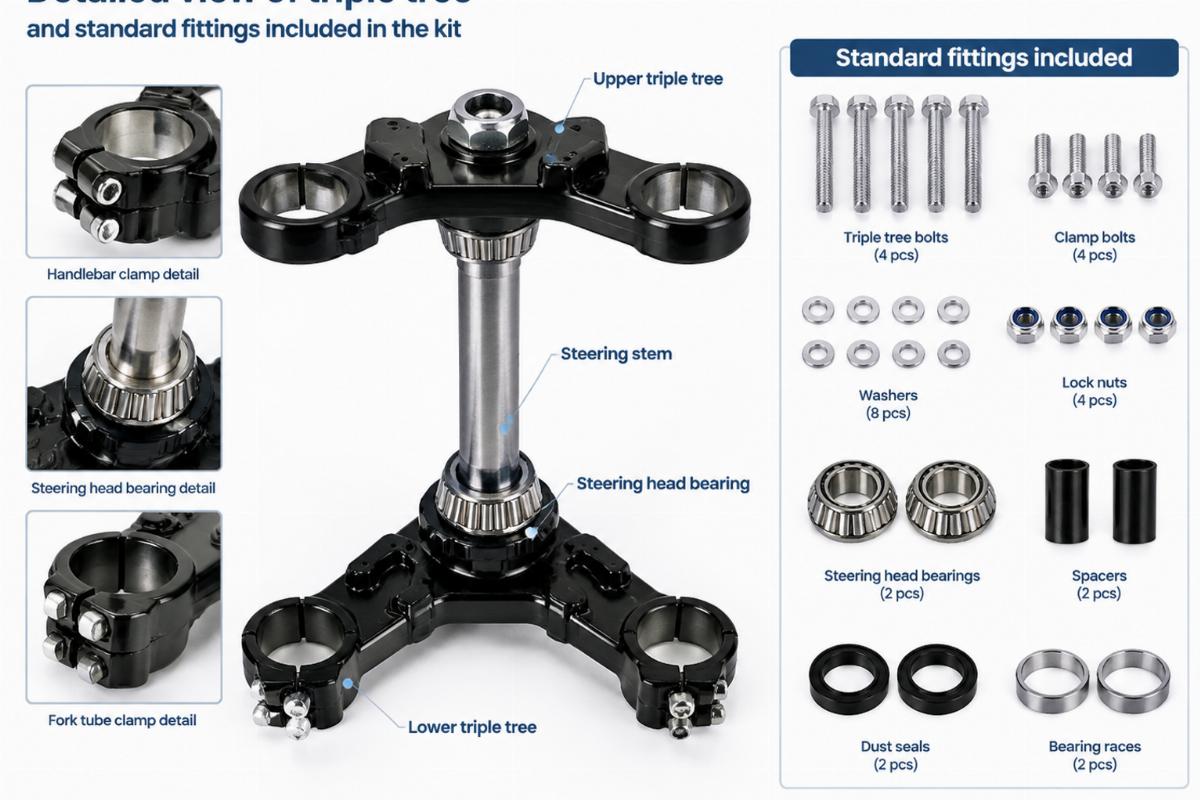 Detailed view of triple tree and standard fittings included in the kit