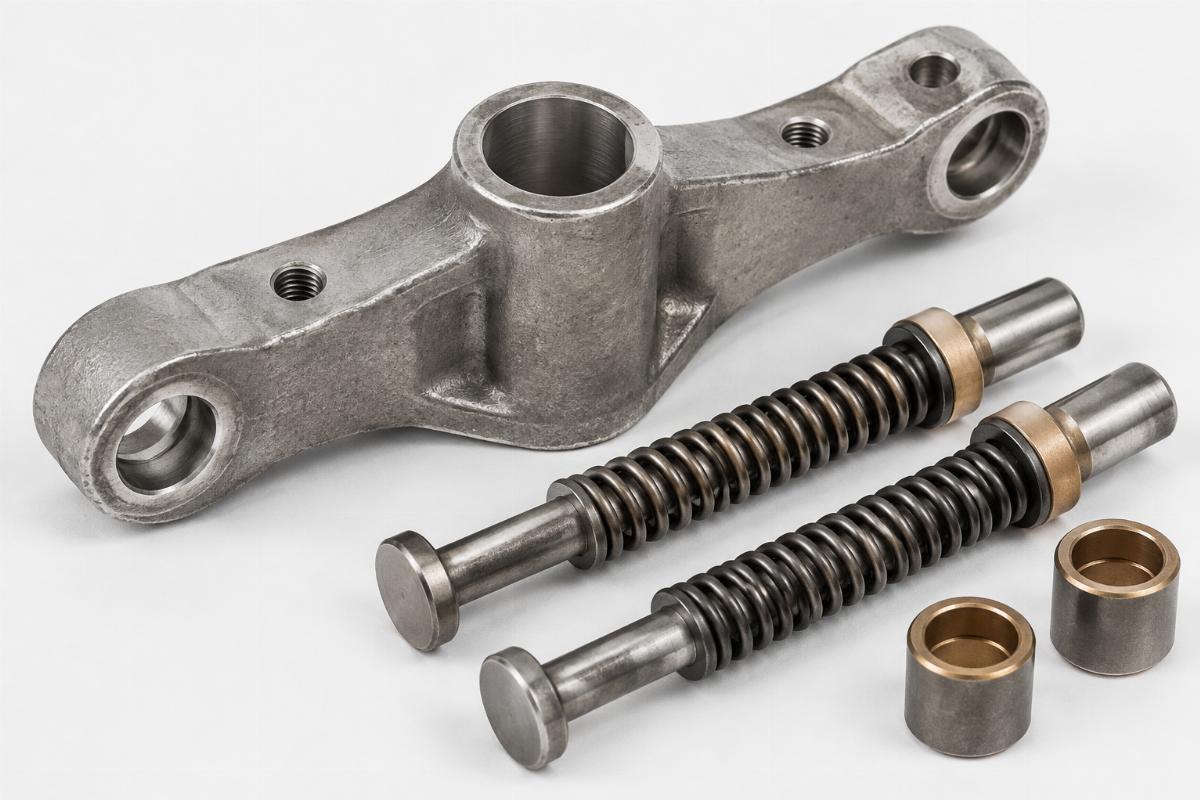 Detailed view of unpolished rear fork stem cross plate and included spring rods with bushings