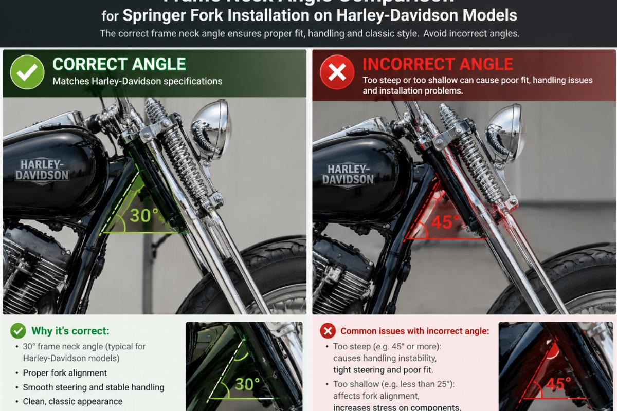 Diagram comparing correct and incorrect frame neck angles for springer fork installation on Harley-Davidson models