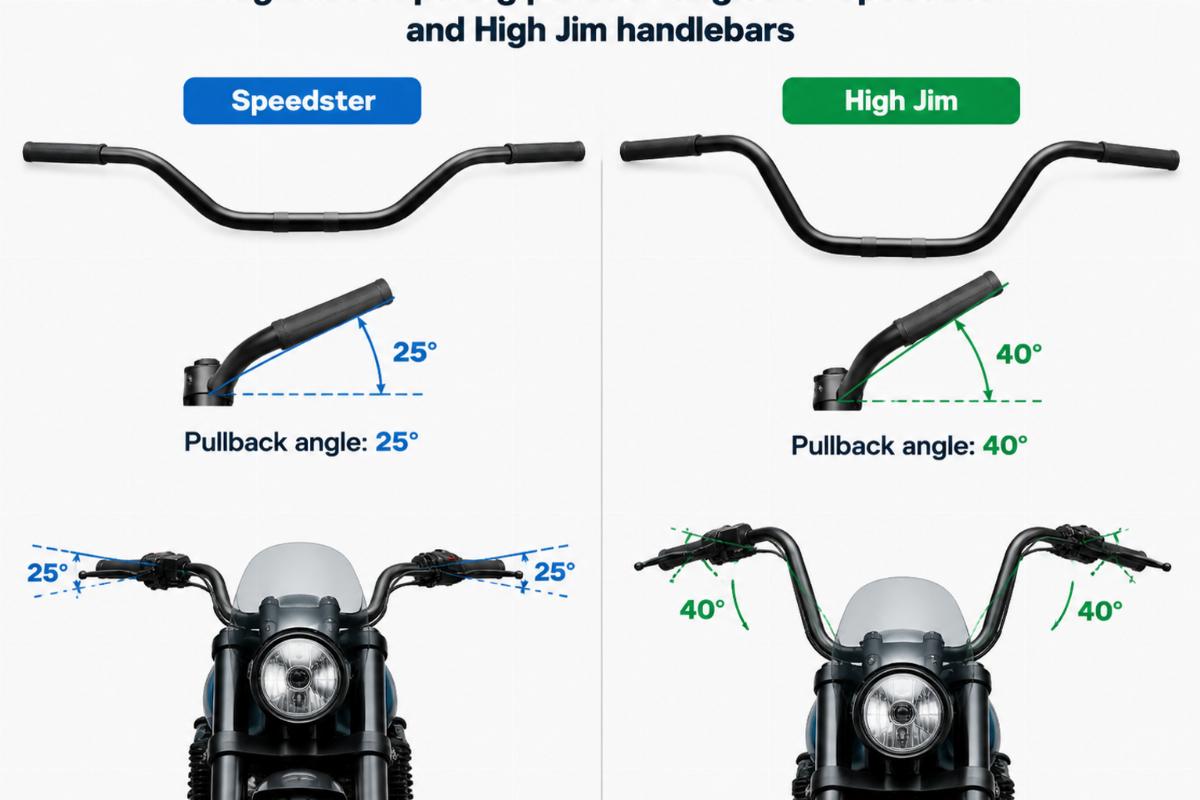 Diagram comparing pullback angles of Speedster and High Jim handlebars