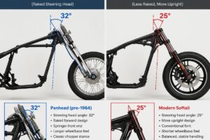 Diagram comparing steering head angles between pre-1984 Panhead frames and modern Softail frames
